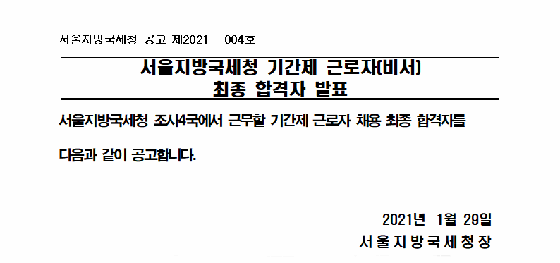 기간제 근로자(비서) 최종 합격자 공고
