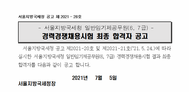 서울지방국세청 임기제공무원(6급 납세자보호 및 7급 영문에디터 분야) 최종합격자 공고(임용관계서류 제출 안내)